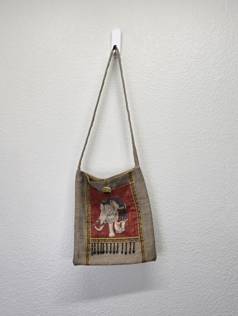 VTG Thai Elephant Tapestry Crossbody Bag Woven Cotton Boho Festival Shoulder